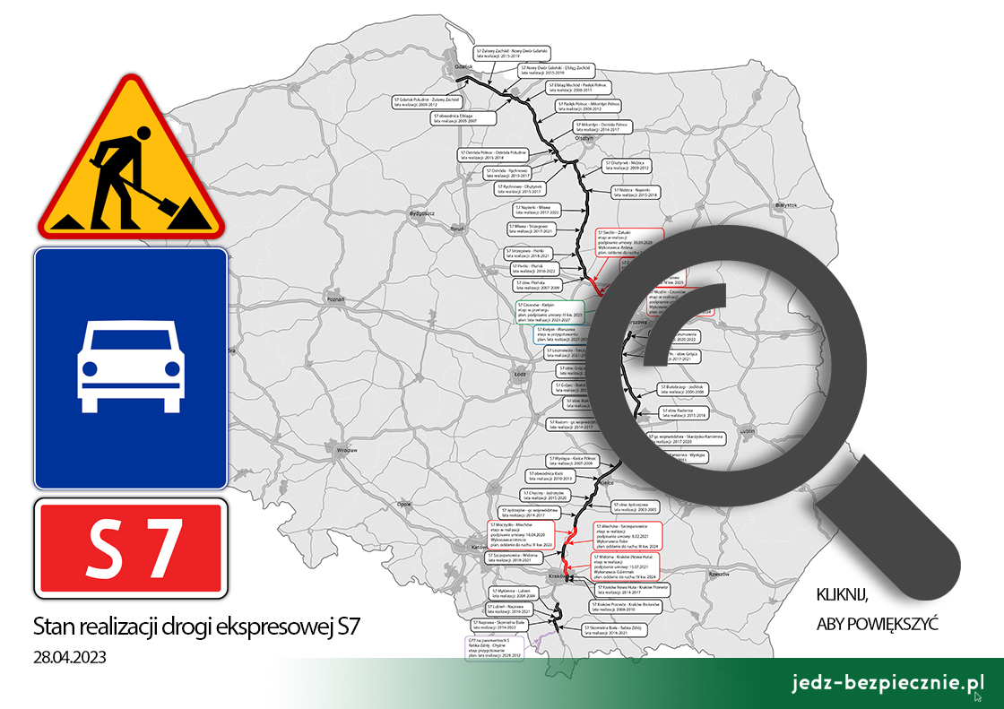 POLSKIE DROGI | Stan realizacji drogi ekspresowej S7, 28 kwietnia 2023